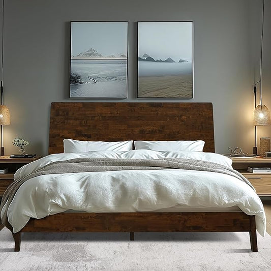 Acacia Serenity Queen Bed Frame with Headboard Natural Wood Bed, Scandinavian Signature High Headboard Compatible with All Mattress Types, 30 Mins Assembly Wood Slats Support Bedroom Furniture, Walnut