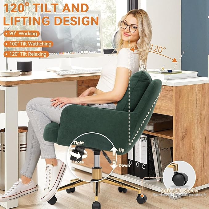 Velvet Office Chair, Comfy Home Office Desk Chairs with Lumbar Support, Modern Velvet Desk Chair Gold Legs Small Swivel Task Chair for Home Office, Bedroom, Study (Green, L)