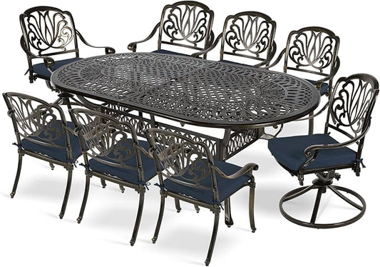 MEETWARM 9-Piece Outdoor Patio Dining Set, All-Weather Cast Aluminum Patio Conversation Set with 2 Swivel Rocker Chairs, 6 Stationary, 1 Oval Table, 8 Cushions, 2" Umbrella Hole, Navy Blue