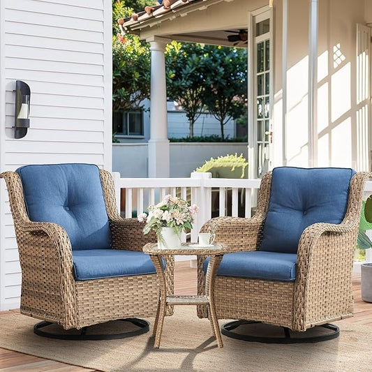 HUMMUH 3-Piece Swivel Rocking Rattan Chair Outdoor, Patio Bistro Furniture Conversation Set, Cushioned Wicker Chair with Glass Coffee Table(Yellow,Blue)