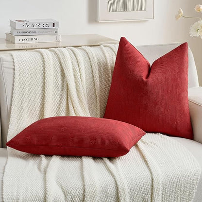 FUTEI Christmas Red Chenille Decorative Throw Pillow Covers 26x26 Inch Set of 2,Soft Cozy Striped Geometric Patterns Euro Pillow Shams,Modern Home Decor for Couch Bed Living Room