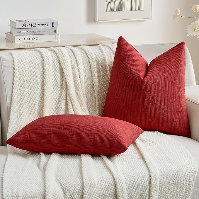FUTEI Christmas Red Chenille Decorative Throw Pillow Covers 12x20 Inch Set of 2,Soft Cozy Striped Geometric Patterns Lumbar Pillow Cases,Modern Home Decor for Couch Bed Living Room
