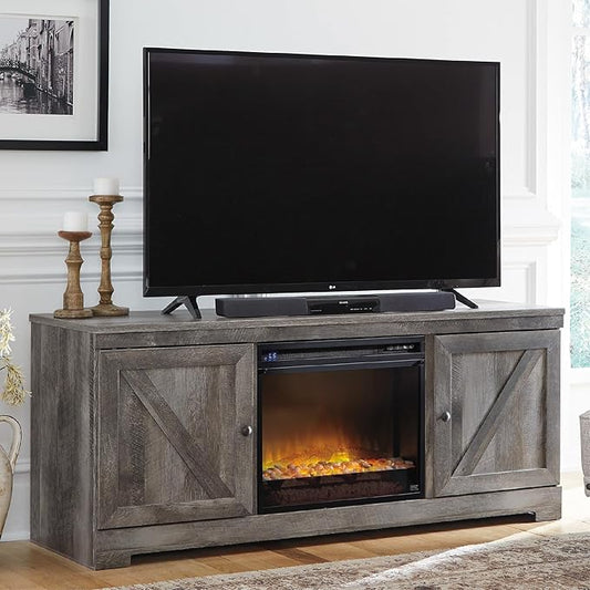 Signature Design by Ashley Wynnlow Farmhouse 63" TV Stand for TVs up to 72" with Electric Fireplace, Light Gray