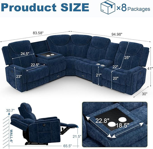 Home Theater Seating, Manual Recliner Sectional Sofa for Living Room, 5 Seater Reclining Sectional Couch with Flip-Up Backrest, Storage Console, USB Ports, Cloud-Like Blue Fabric