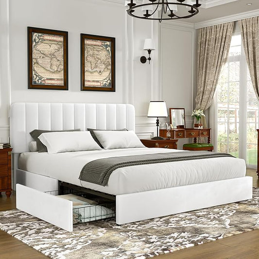 VECELO Queen Size Upholstered Bed Frame with 4 Drawers and Headboard, Velvet Platform Storage Bedframe, Wooden Slats Support, No Box Spring Needed,Snow-White