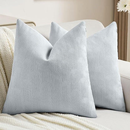 FUTEI Light Blue Chenille Decorative Throw Pillow Covers 18x18 Inch Set of 2,Soft Cozy Striped Geometric Patterns Cushion Cases,Modern Home Decor for Couch Bed Living Room