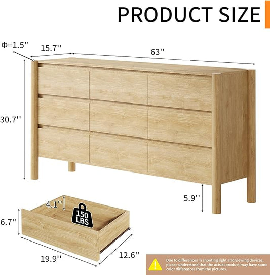 Dresser for Bedroom with 9 Drawers,63" Wide Oak Dresser with 4 Solid Wood Legs, Wooden TV Stand,Closet Clothes Organizer for Bedroom, Hallway