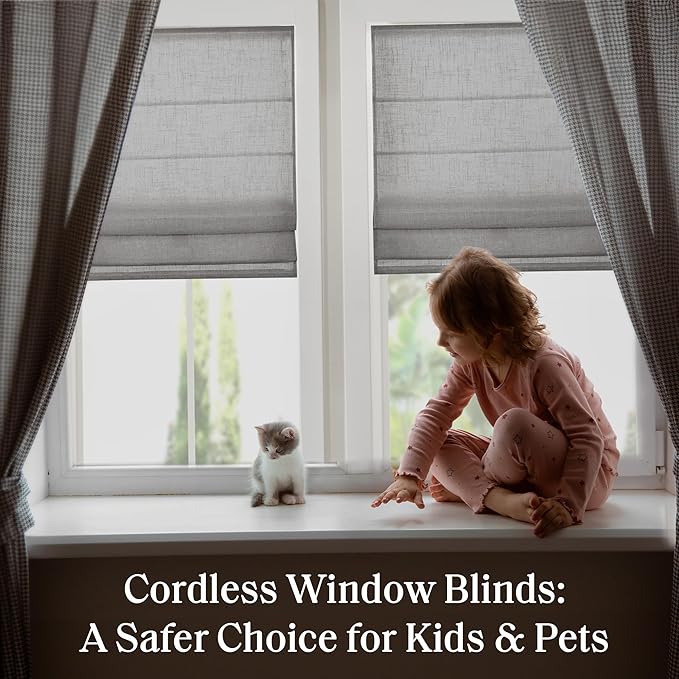 Madison Park Kyler Cordless Roman Shades - Single Panel, Lightweight Linen Blend Fabric, Natural Design, Easy Installation, Light Filtering Window Blind, Bedroom, Living Room Decor 35" W x 64" H Grey