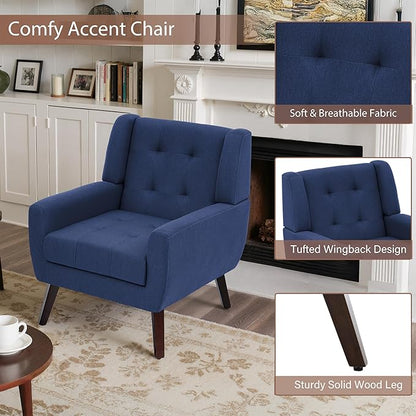 Accent Chairs Set of 4, Mid-Century Modern Upholstered Armchair, Comfy Fabric Living Room Chairs Reading Chairs with Button Tufted Back & Solid Wood Legs for Bedroom, Office, Blue