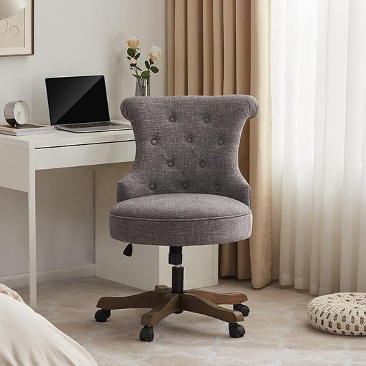 Home Office Chair Adjustable Height Swivel Chair with Wheels Linen Fabric Upholstered Computer Desk Chair with Wooden Legs Comfortable Armless Chair for Home Office Study Studio(Grey)