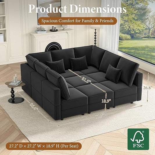 Vesgantti Modular Sofa Bed with Storage, 92" Sleeper Sofas with 9 Seats Storage Chaises Removeble Cover, Luxury Large Velvet Sectional Couch Set for Living Room, Apartment, Home Theatre, Black