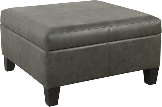 HomePop Faux Leather Square Storage Ottoman with Wood Legs, Pewter Gray