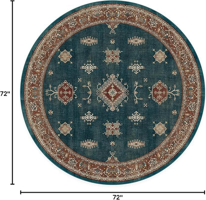 RUGGABLE Washable Vintage Area Rug – Verena Teal Blue 6 ft Round, Stain-Resistant, Non-Slip – Medium Machine Washable Rugs for Living Room, Bedroom, Hallway, Entryway & Office–with Cushioned Pad