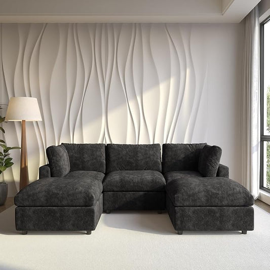 Cloud Couch Modular Sectional Sofa,100.5" U Shaped Couch, Oversized Convertible Wide Seater,3 Seater with 2 Ottomans for Living Room Set, Covers Washable&,Black