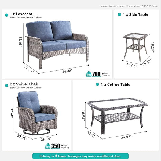 5 PCS Patio Outdoor Furniture Set with Swivel Rocking Chairs,All Weather Wicker Rattan Patio Seating Sofa and Chairs Set,Outdoor Conversaiton Sets for Deck Yard Prrch Garden Poolside,Blue