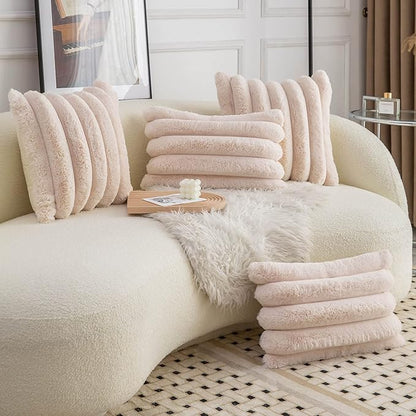 Neelvin Beige Faux Fur Cozy Soft Striped Decorative Throw Pillow Covers 16x16 inch Set of 2,Velvet Pillowcase Cushion Case for Sofa Couch