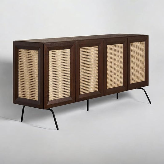NTC MOSSIC Modern Sideboard with 4 Doors, Natural Rattan Storage Cabinet, Buffet with Metal Legs, Boho Accent Cabinet for Living Room, and Entryway, Effortless Assembly - Dark Walnut