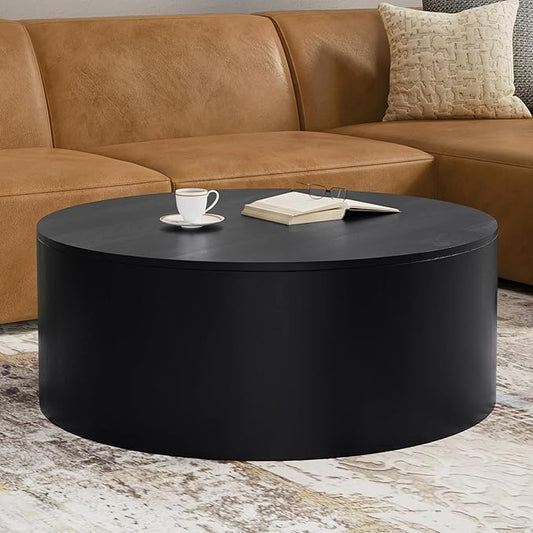 SIMPLIHOME Millbury Drum Coffee Table - 36 inch Wide Solid Mango Wood Round Living Room Table in Black, Contemporary Cocktail Table for Family Room or Lounge with Large Surface, Assembled