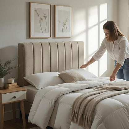 Hearth & Harbor Upholstered Queen Headboard - Easy Assemble Channel Stitched Headboard Queen Size - Wall Mounted Headboards with 3D Soundproof Wall Panels Peel & Stick Floating Headboards, Linen