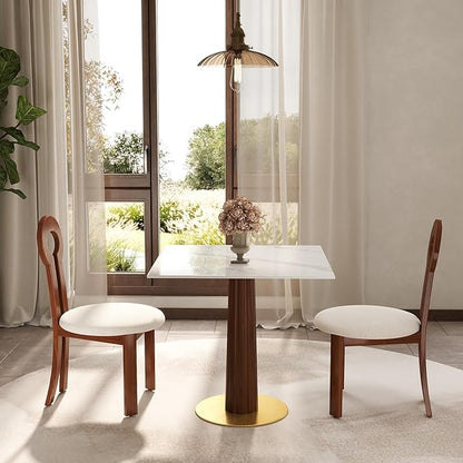 Sintered Stone Square Office Table and Chair Set - Meeting Table for Small Offices (Dark Brown Leg and White Top, 1 Table and 2 Chairs)