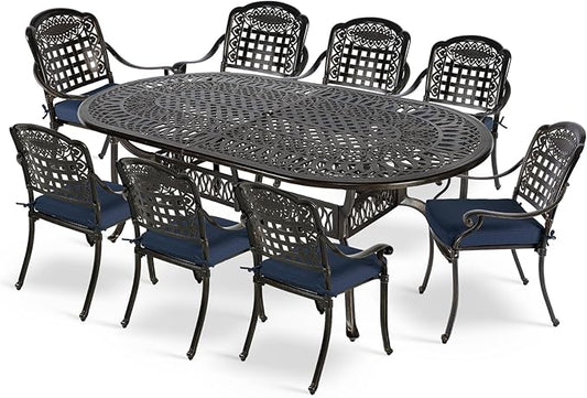 MEETWARM 9-Piece Outdoor Furniture Dining Set, All Weather Cast Aluminum Patio Garden Set with 8 Chairs, 8 Cushions, 1 Oval Table, 2" Umbrella Hole, Dark Bronze, Navy Blue