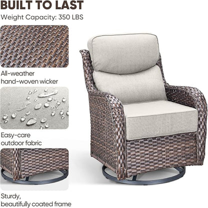 Swivel Patio Chairs sofa Set with 6" Thick Cushion - Wicker Outdoor Swivel Rocker Patio Chair with Side Table, High Back Comfortable Outdoor Glider Chairs - Brown Wicker | Beige Cushions | 4pcs