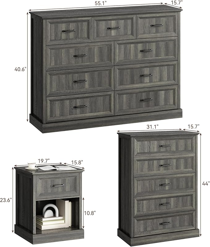 CARPETNAL Farmhouse Dresser and Nightstand Sets for Bedroom, 4 Pcs Bedroom Set, 5 Drawer & 9 Drawer Dresser and Nightstand Set of 2, Wood Chest of Drawers for Living Room, Entryway, Grey