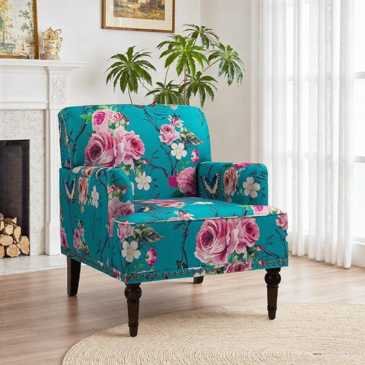 Pia Ricco Floral Accent Chair: Modern Nailhead Trim Armchair with Wood Legs - Upholstered Reading Chair for Living Room, Bedroom, Home Office