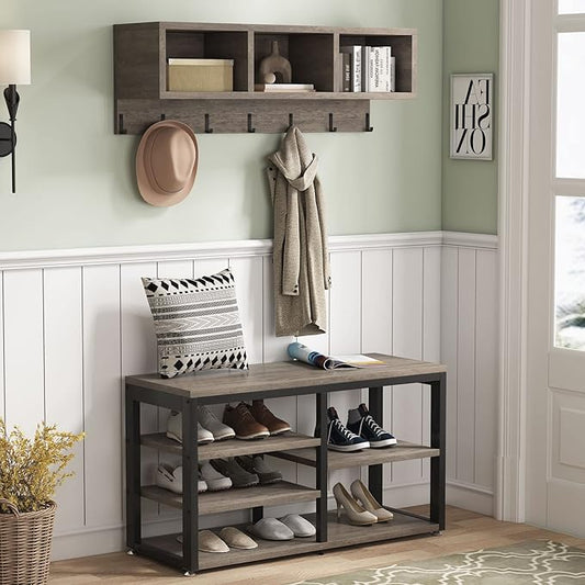 Tribesigns Coat Rack Shoe Bench Set Industrial, Hall Tree with 3 Storage Cubbies, 7 Hooks for Entryway, Hallway, 5-in-1Design, Vintage Grey