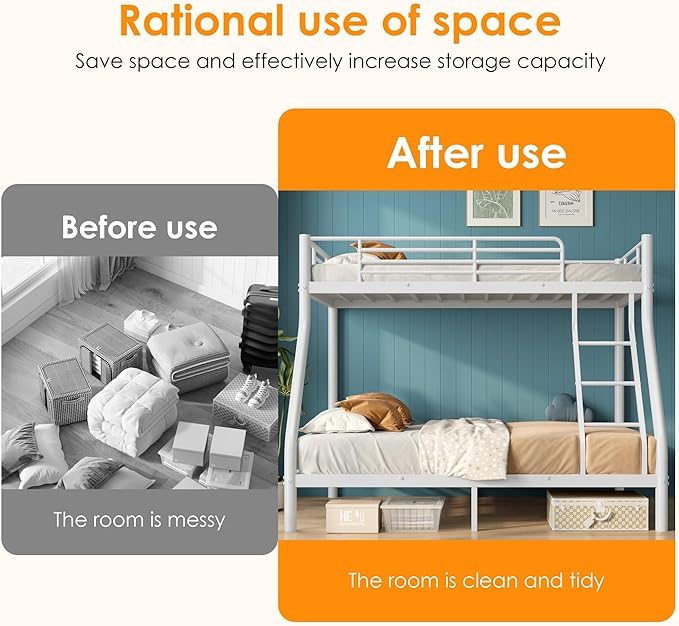 soges Twin Over Full Bunk Bed, Heavy Duty Sturdy Bunk Beds with Ladder & Guardrail, Space-Saving Metal Bed Frame for Teens Adults, White
