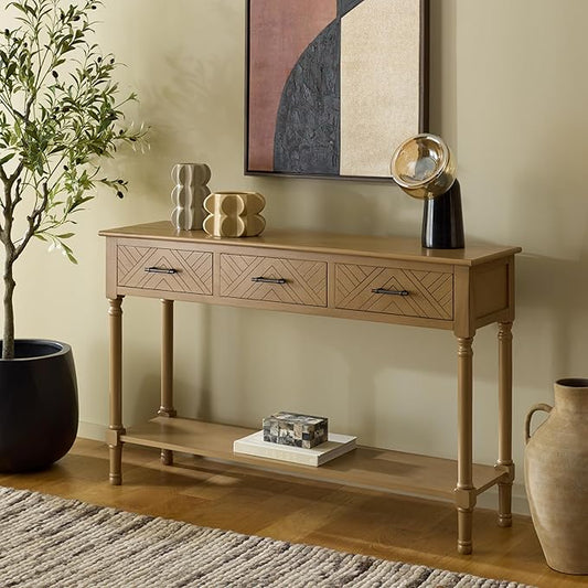 SAFAVIEH Home Collection - Peyton Desert Brown Console Table with 3 Drawers and 1 Shelf, Farmhouse Accent Entryway Table (CNS5705G)