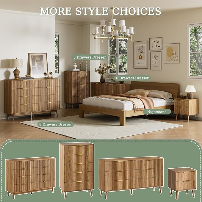 LYNSOM Fluted Dresser and Nightstand Sets 3 Piece, 6-Drawers Dresser and 1-Drawer Nightstands Set of 2, Wood Bedroom Furniture Set for Home, Bedroom, Hallway, Natural Oak
