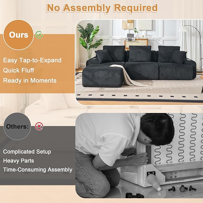 118" Modular Sectional Sofa, Cloud Sectional Couch with Deep Seat, Modern Modular Sofa with L Shaped Comfy Cloud Upholstered Boneless Couches for Living Room Bedroom, Black