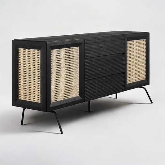 NTC MOSSIC Sideboard with 2 Doors and 3 Drawers, Buffet Cabinet with Natural Rattan and Metal Legs, Modern Storage Cabinet for Living Room, and Hallway, Effortless Assembly - Burnt Black