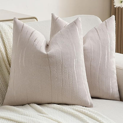FUTEI Beige Chenille Decorative Throw Pillow Covers 24x24 Inch Set of 2,Soft Embossed Striped Textured European Cushion Case,Modern Home Decor for Couch Bed Living Room