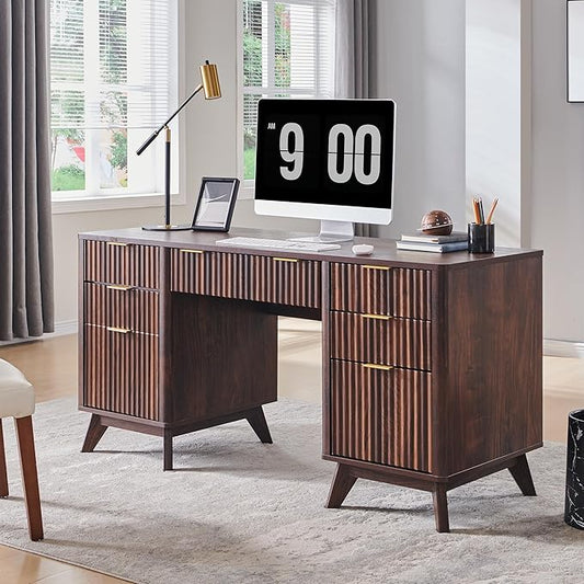 T4TREAM Fluted Executive Desk with Drawers, 60" Modern Home Office Computer Desk with Charging Station, File Cabinet, Keyboard Tray and Storage Cabinet for Study, Living Room, Bedroom, Dark Walnut