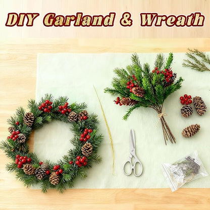2PCS Artificial Pine Branches with Red Berry Pine Cones Artificial Needles Branches Greenery Stems Fake Greenery Floral Arrangements