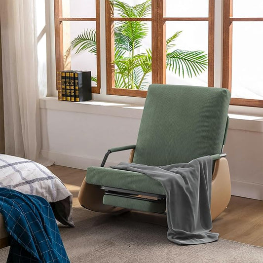 Upholstered Recliner Rocking Chair Nursery with Adjustable Backrest and Footrest, Comfy Corduroy Foldable Glider Chair for Bedroom & Living Room, Dark Green