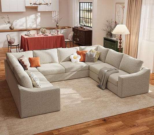 ABCASA Oversized 136" Modular Sectional Sofa, Deep Seat U Shaped Couches for Living Room, Breathable Linen Fabric Corner Couch, Easy to Assemble, Oatmeal