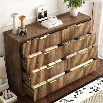 3-Piece Modern Bedroom Furniture Set, Wide 8-Drawer Dresser & 3-Drawer Nightstands Set of 2, Natural Wood Dresser and Nightstand Sets for Bedroom, Hallway, Walnut