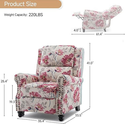 Lumibee Pushback Recliner Chair,Upholstered Wingback Chair for Small Spaces,2 Set of Floral Fabric Armchair for Living Room,Single Sofa Accent Chair Reading Seat for Balcony,Bedroom-Pattern White