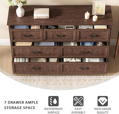 CARPETNAL Farmhouse Dresser and Nightstand Sets for Bedroom, 4 Pcs Bedroom Set, 5 Drawer & 7 Drawer Dresser and Nightstand Set of 2, Wood Chest of Drawers for Living Room, Entryway, Brown