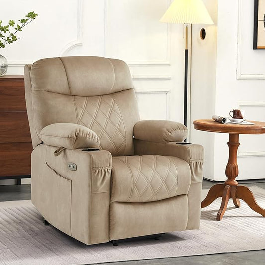 MCombo Small Size Triple Motor Power Lift Recliner Chair Sofa with Massage and Dual Heating, Adjustable Headrest for Elderly People Petite, USB Ports, Extended Footrest, Fabric 7222 (Beige)