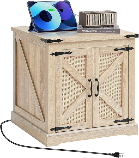 VEVOR Farmhouse End Table, Rectangle PE Rattan Woven Wood Coffee Table, 24-Inch Modern Boho Style Storage Coffee Table with Retro Metal Hinges, for Living Room, Bedroom & Small Spaces