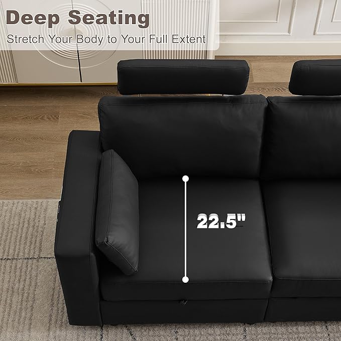 69.7" Loveseat Storage Sofa, Faux Leather Love Seat Couch with Headrest & Pocket, Modular Sectional Cloud 2 Seater Sofas for Living Room Apartment Small Spaces, Oversized Deep Seat Couches, Black