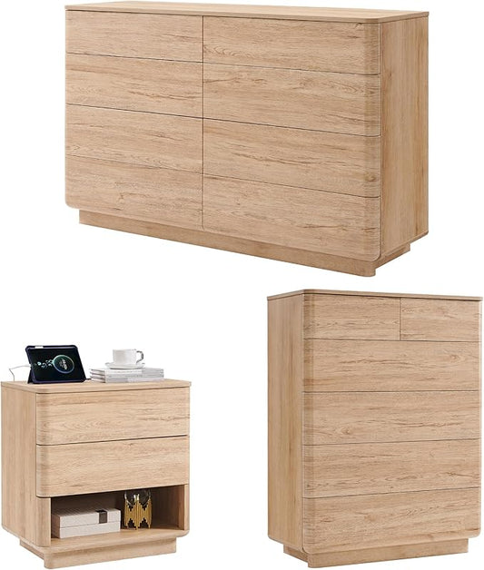 ACCOHOHO Modern Bedroom Set, 3 Pieces Bedroom Furniture Set, Includes 8 Drawers Dresser, 6 Dressers Organizer,Nightstand, Chest of Drawers Wide Storage Organizer Cabinet for Bedroom, Natural Oak