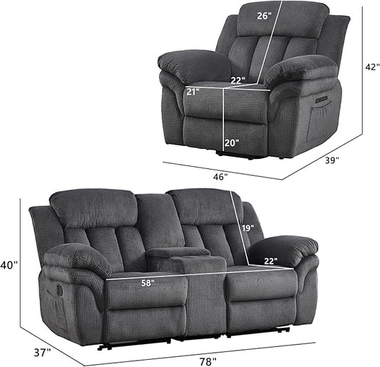 CANMOV Recliner Sofa Set, Oversize Power Lift Recliner Chair and Manual Loveseat with Overstuffed Armrest for Living Room,Bedroom Furniture,Office,1+2 Seat Grey