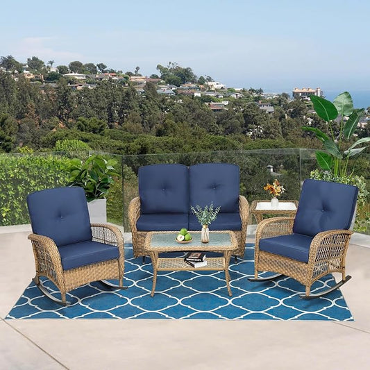 VIVIJASON 5-Piece Outdoor Patio Wicker Conversation Sets, All Weather Outdoor Rattan Furniture Set Includes Glider Loveseat, 2 Coffee Table, 2 Rocking Chairs with Cushions for Backyard, Navy Blue