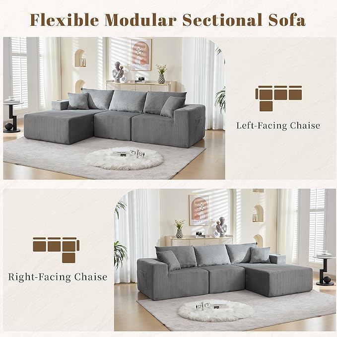 107" Cloud Sectional Couch, Modular Sectional Sofa with L-Shape Chaise, Corduroy Boneless Couch with Deep Seat, Upholstered Sofa for Living Room, No Assembly Required(Left-Facing Chaise, Dark Grey)