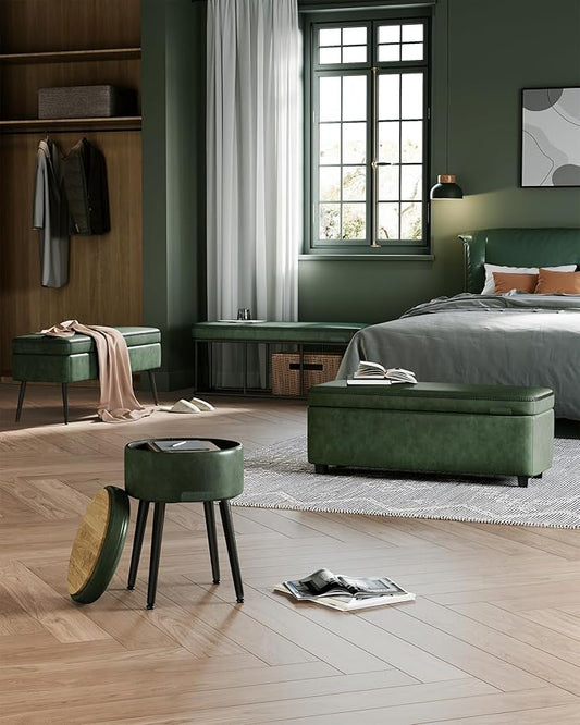 VASAGLE EKHO Collection - Storage Ottoman Bench, Entryway Bedroom Bench, 25 Gallons, Synthetic Leather with Stitching, Mid-Century Modern, Safety Hinges, Loads 660 lb, Forest Green ULOM075C01